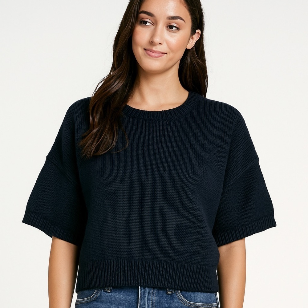 Banana Republic Sweater Women M Black Nylon Short Sleeves Cropped Coastal Beach